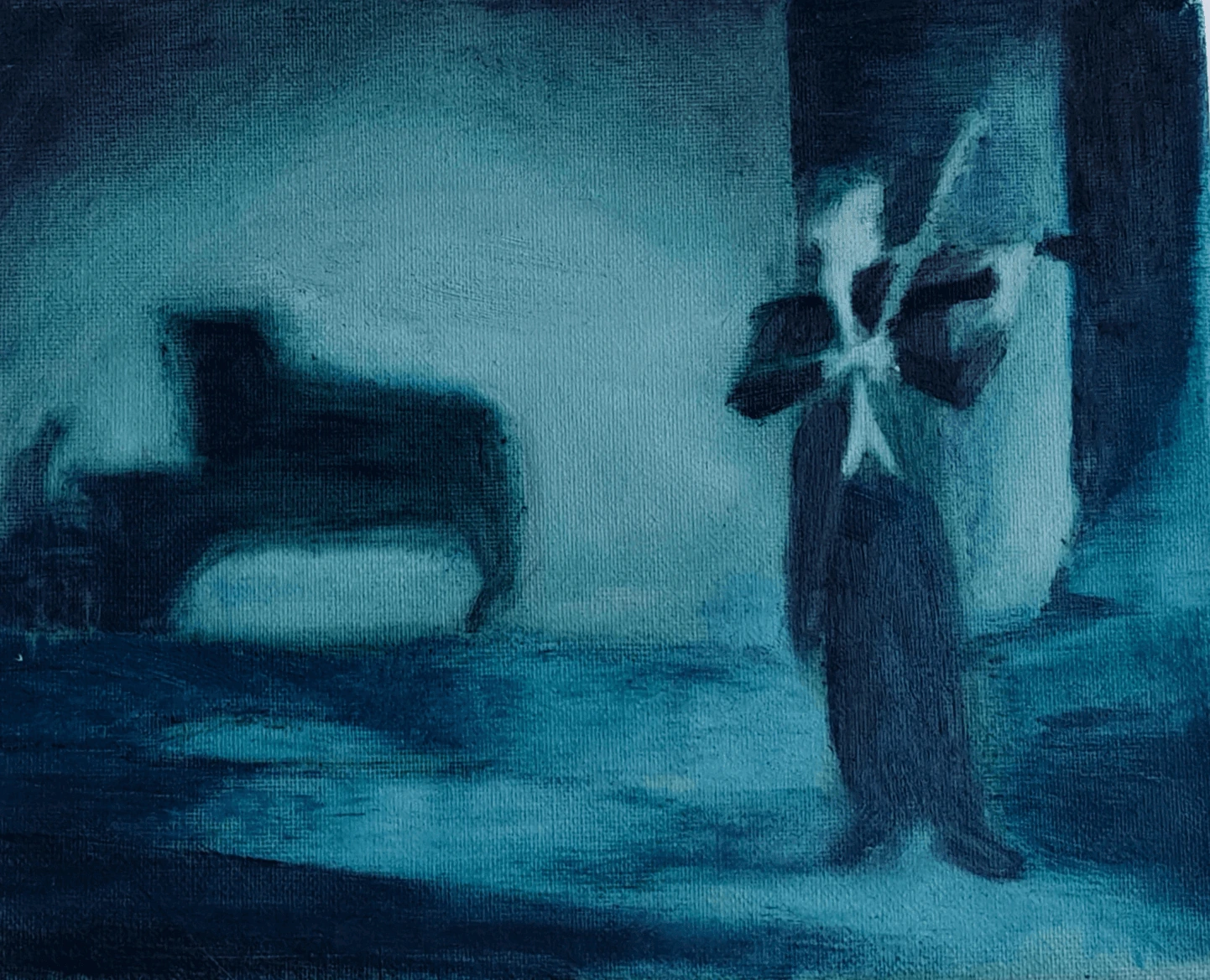Blue-toned oil painting by Yan Liang, first framing